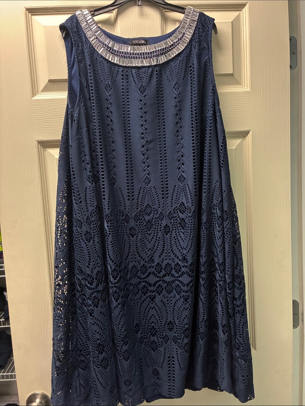 Navy Blue Crochet Overlay Beaded Neckline Dress